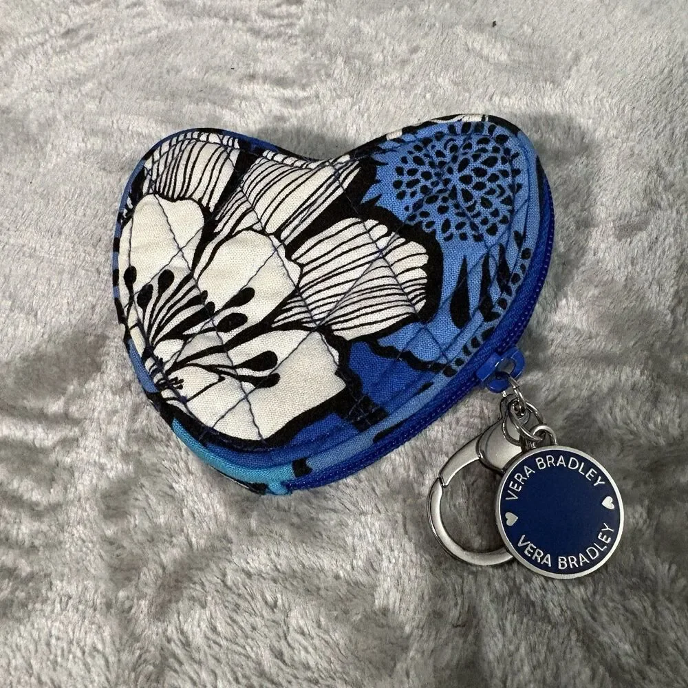 Vera Bradley Sweetheat Blue Heart Coin Purse Bag Charm Keychain Blue Floral